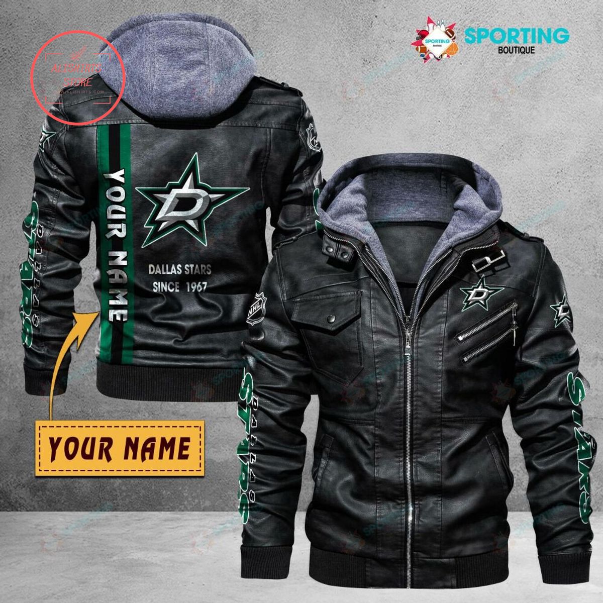 NHL Dallas Stars Logo Custom name Leather Jacket Hooded Fleece For Fan