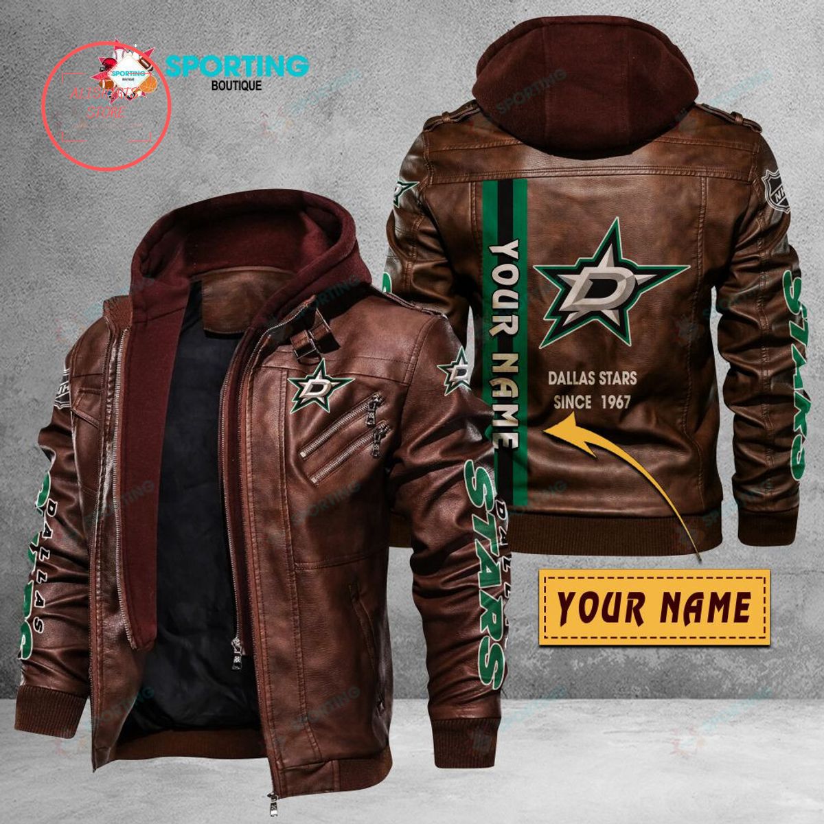 NHL Dallas Stars Logo Custom name Leather Jacket Hooded Fleece For Fan