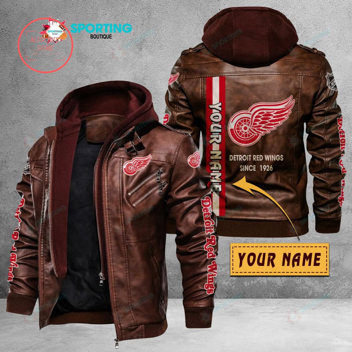 NHL Detroit Red Wings Logo Custom name Leather Jacket Hooded Fleece For Fan