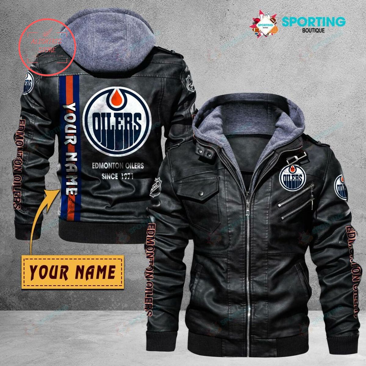 NHL Edmonton Oilers Logo Custom name Leather Jacket Hooded Fleece For Fan