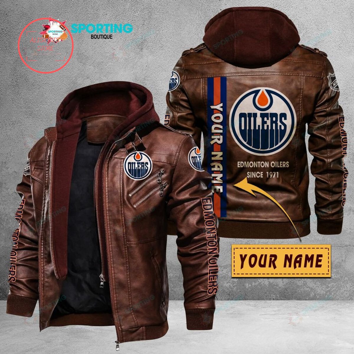 NHL Edmonton Oilers Logo Custom name Leather Jacket Hooded Fleece For Fan