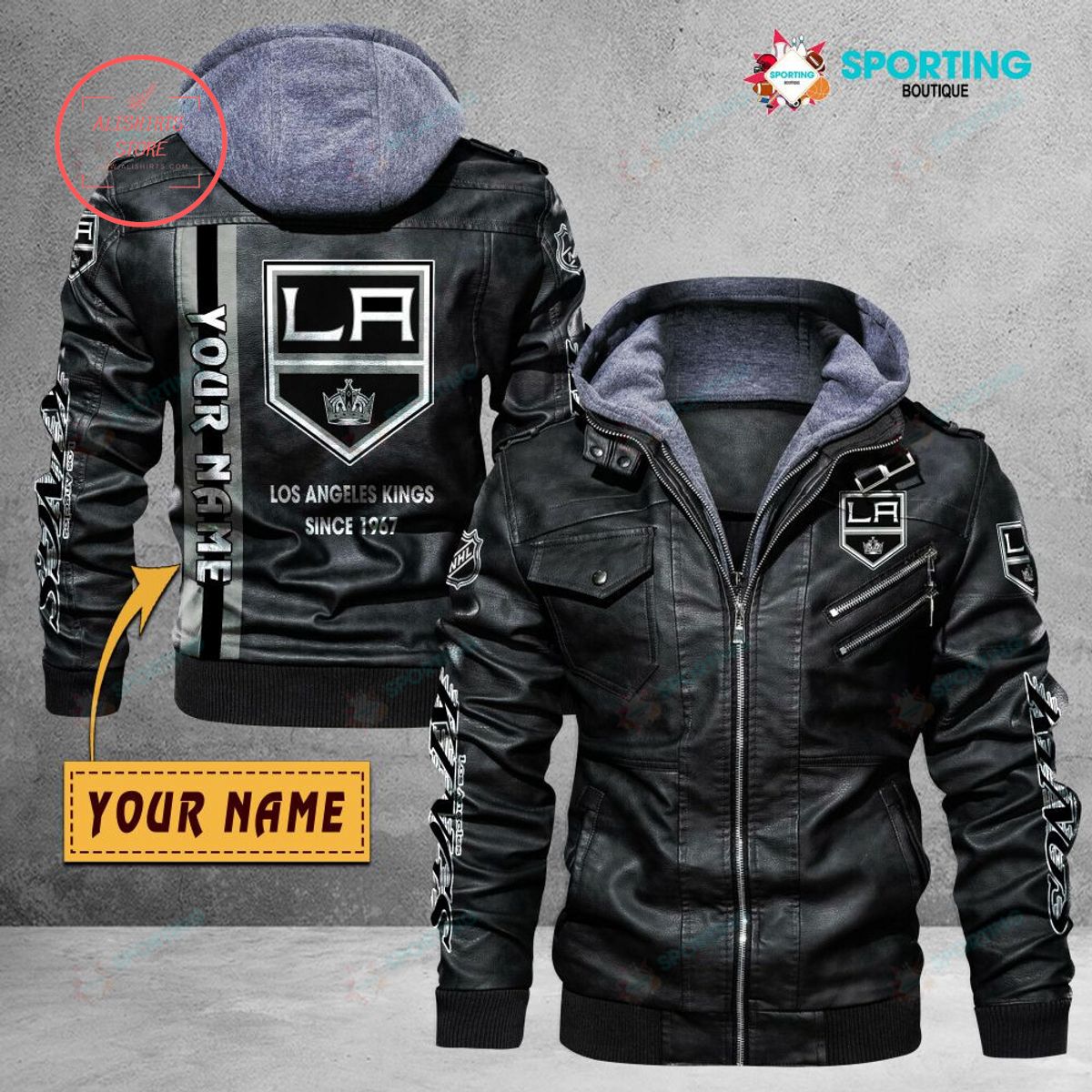 NHL Los Angeles Kings Logo Custom name Leather Jacket Hooded Fleece For Fan