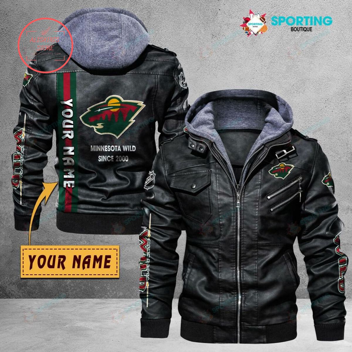 NHL Minnesota Wild Logo Custom name Leather Jacket Hooded Fleece For Fan