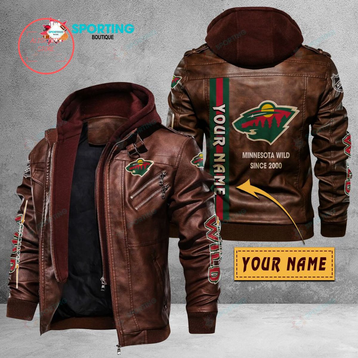NHL Minnesota Wild Logo Custom name Leather Jacket Hooded Fleece For Fan