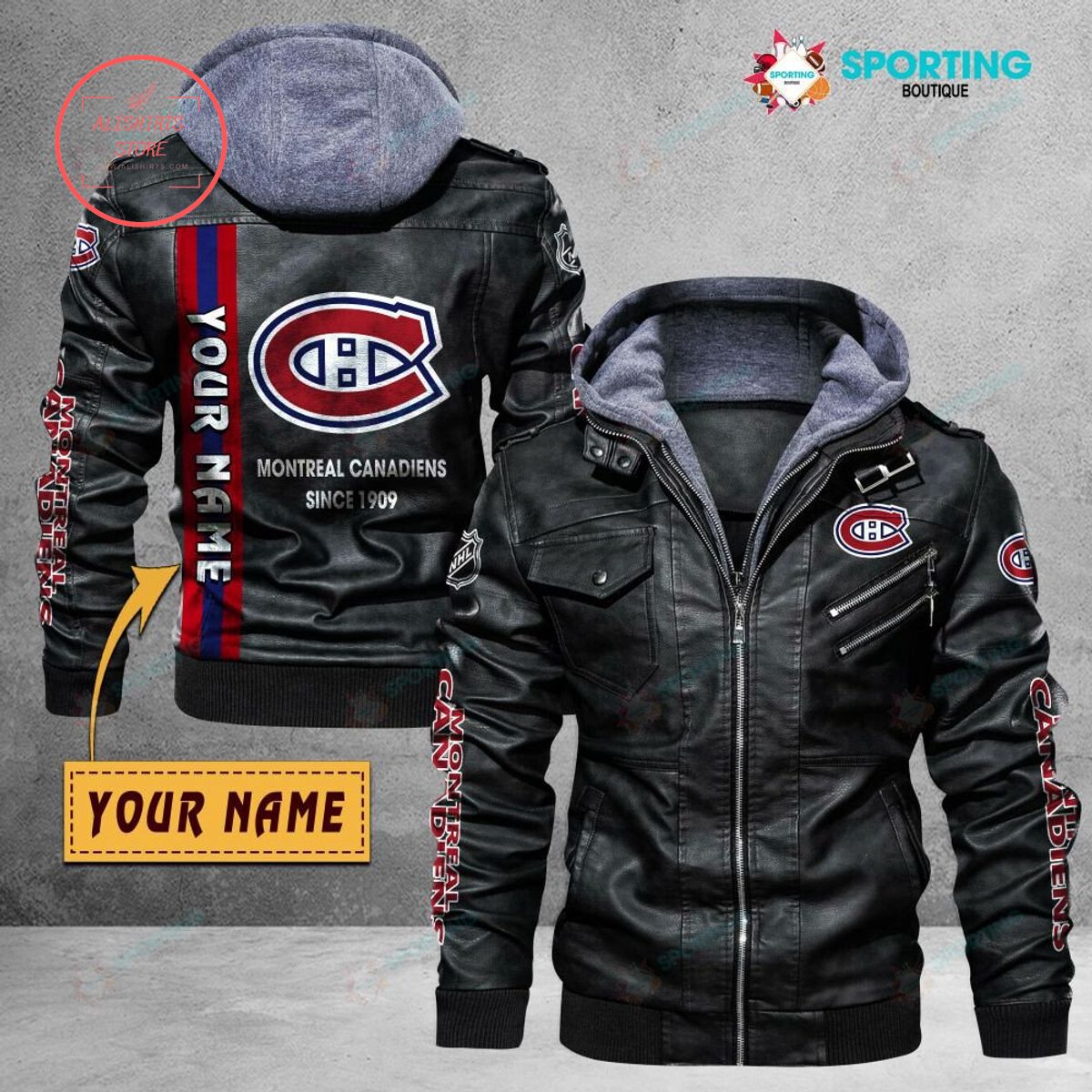 NHL Montreal Canadiens Logo Custom name Leather Jacket Hooded Fleece For Fan