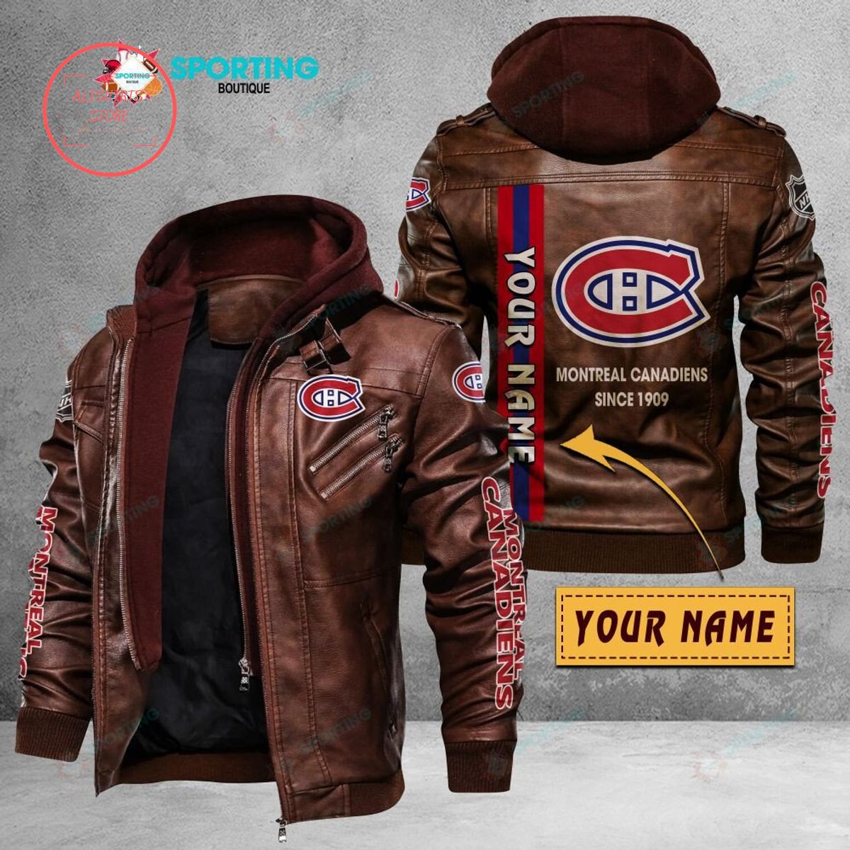 NHL Montreal Canadiens Logo Custom name Leather Jacket Hooded Fleece For Fan