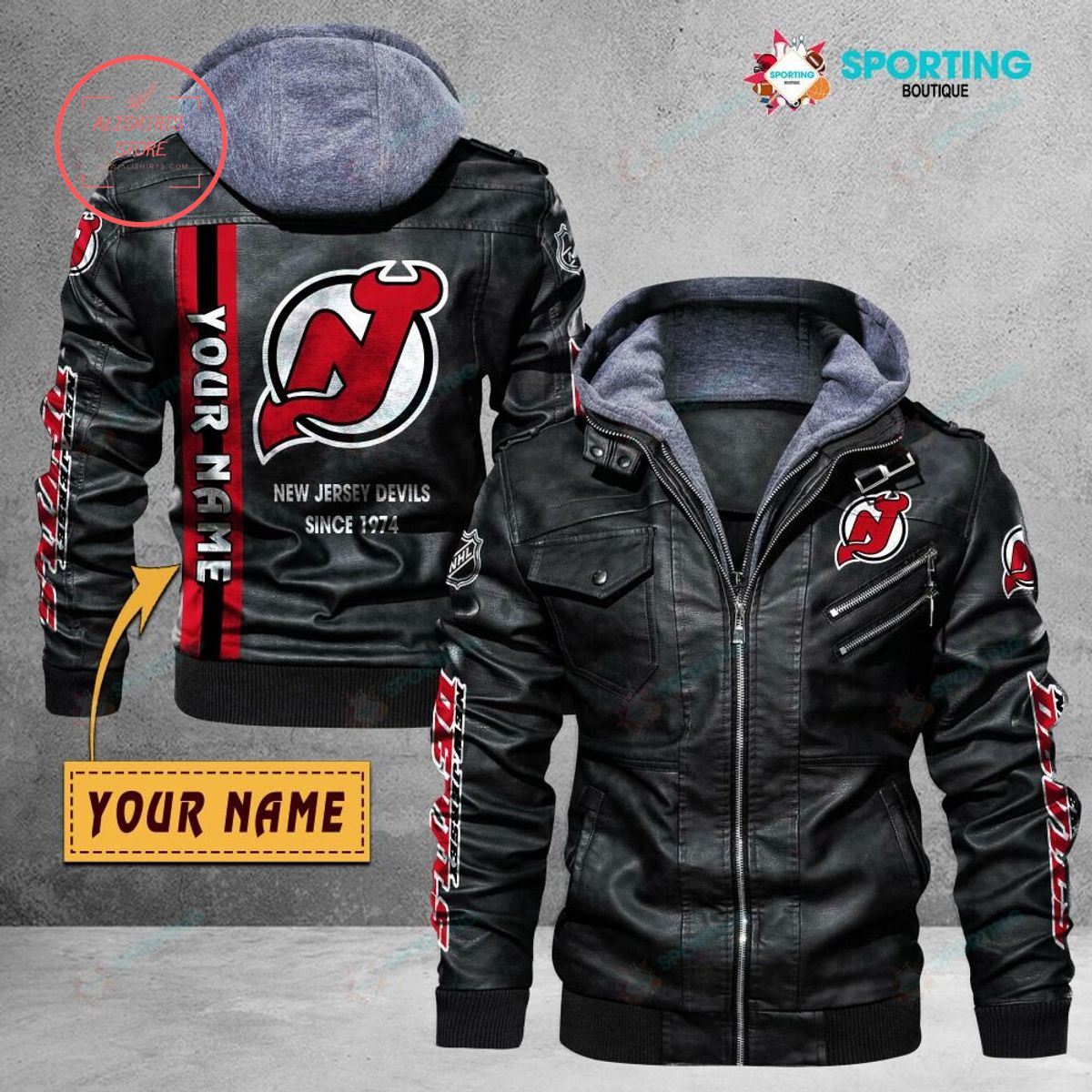 NHL New Jersey Devils Logo Custom name Leather Jacket Hooded Fleece For Fan