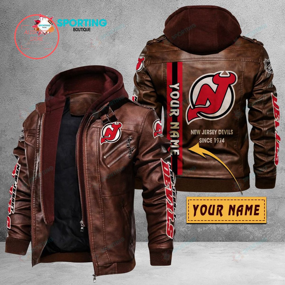 NHL New Jersey Devils Logo Custom name Leather Jacket Hooded Fleece For Fan
