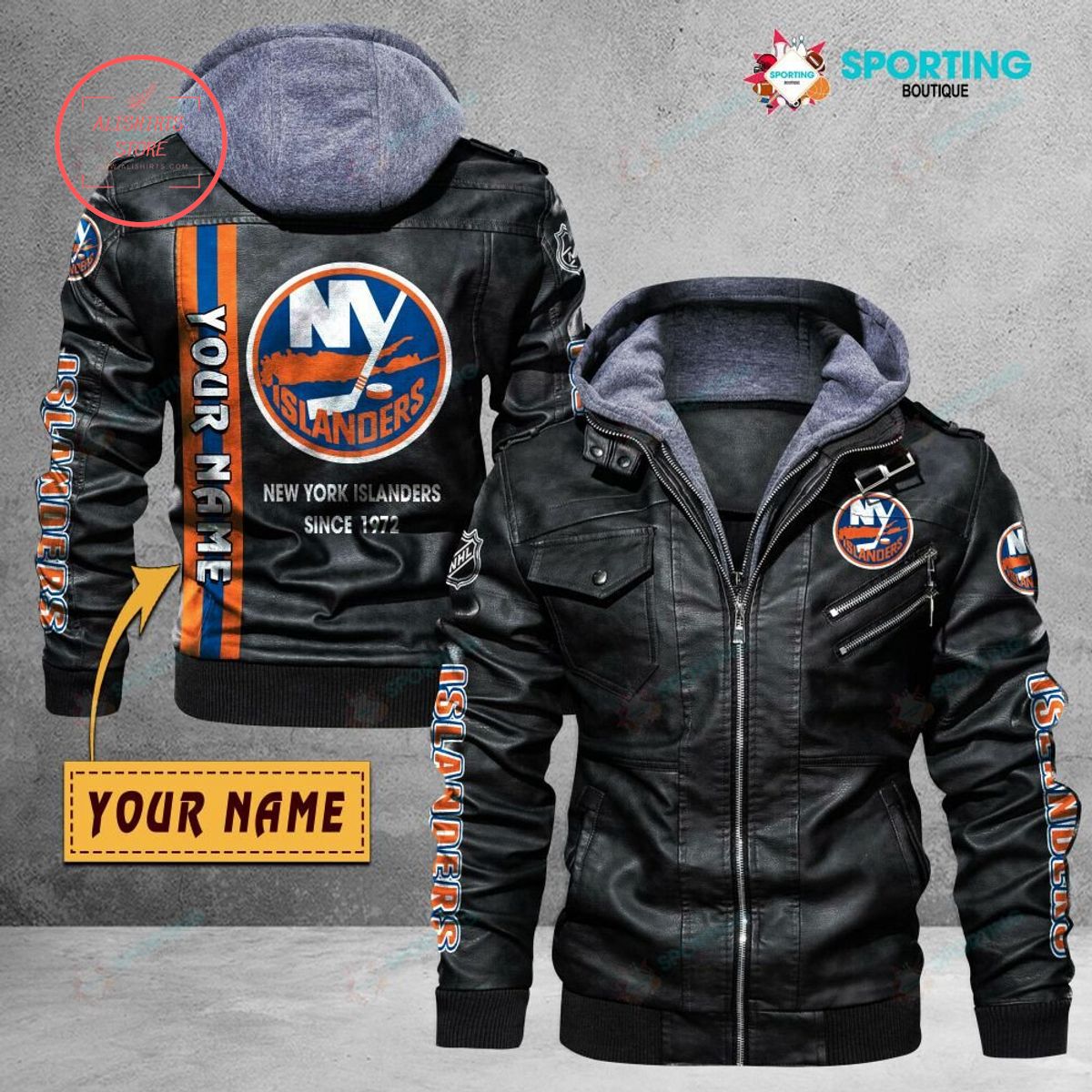 NHL New York Islanders Logo Custom name Leather Jacket Hooded Fleece For Fan