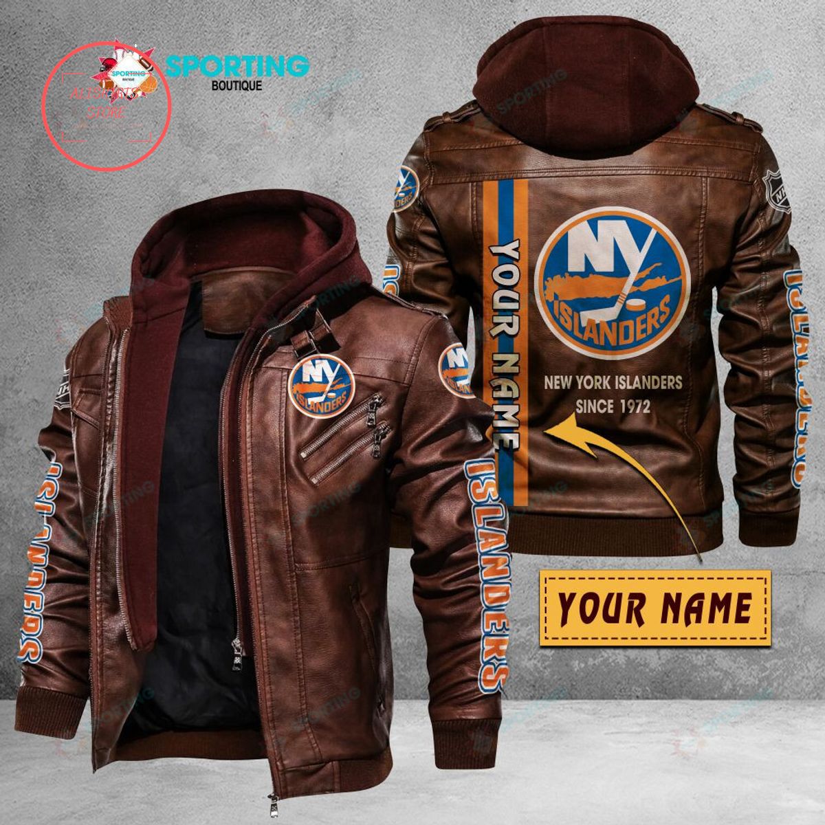 NHL New York Islanders Logo Custom name Leather Jacket Hooded Fleece For Fan
