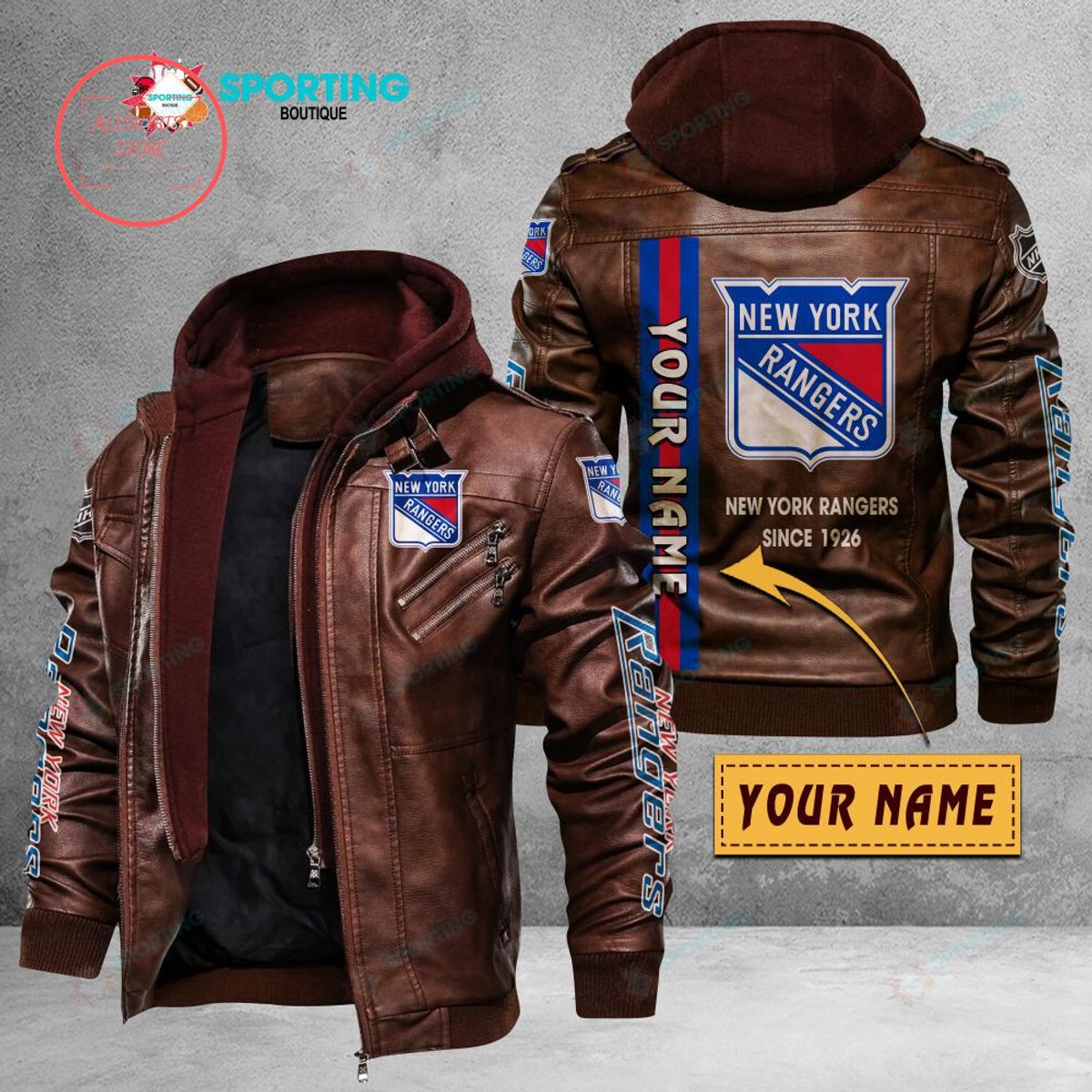 NHL New York Rangers Logo Custom name Leather Jacket Hooded Fleece For Fan
