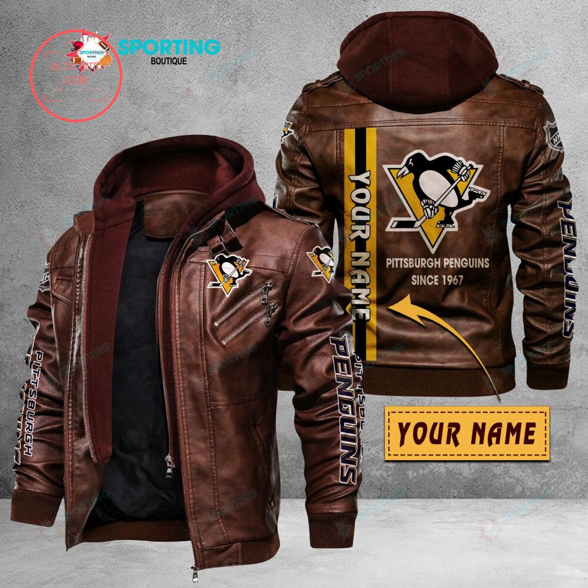 NHL Pittsburgh Penguins Logo Custom name Leather Jacket Hooded Fleece For Fan