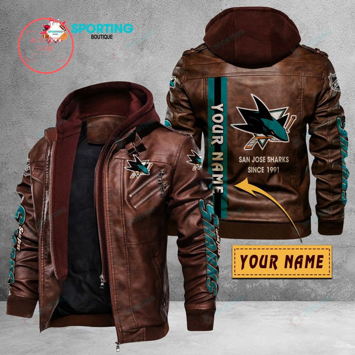 NHL San Jose Sharks Logo Custom name Leather Jacket Hooded Fleece For Fan