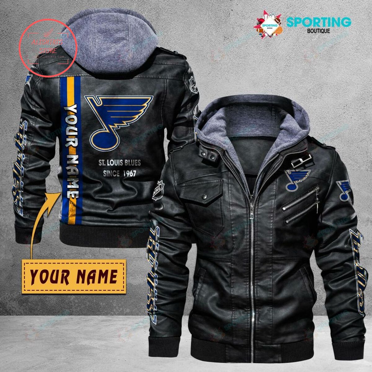 NHL St Louis Blues Logo Custom name Leather Jacket Hooded Fleece For Fan
