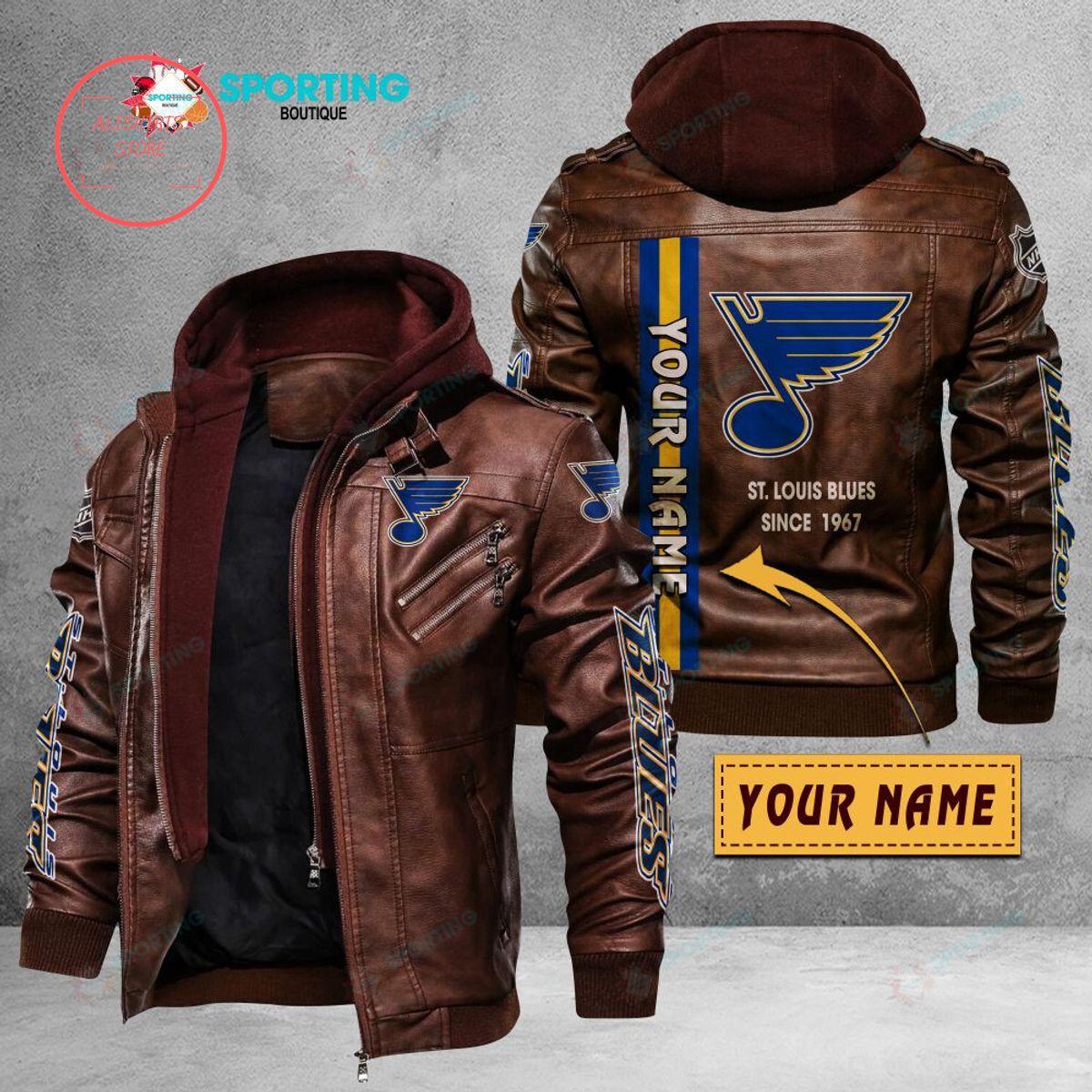 NHL St Louis Blues Logo Custom name Leather Jacket Hooded Fleece For Fan