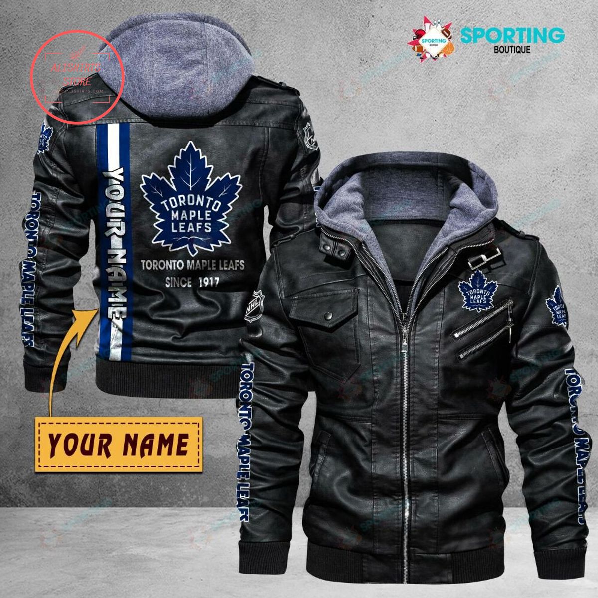 NHL Toronto Maple Leafs Logo Custom name Leather Jacket Hooded Fleece For Fan