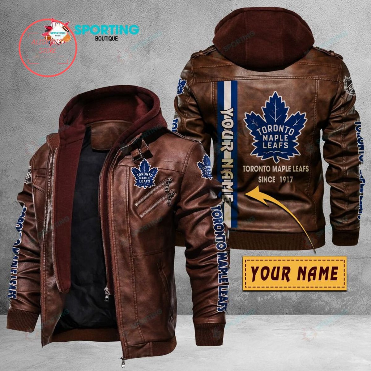 NHL Toronto Maple Leafs Logo Custom name Leather Jacket Hooded Fleece For Fan