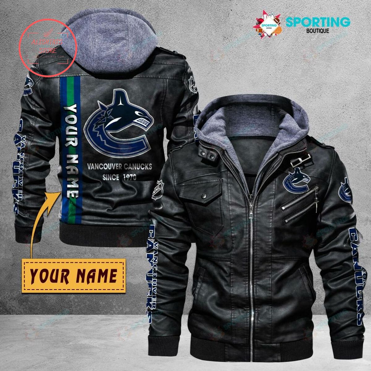 NHL Vancouver Canucks Logo Custom name Leather Jacket Hooded Fleece For Fan