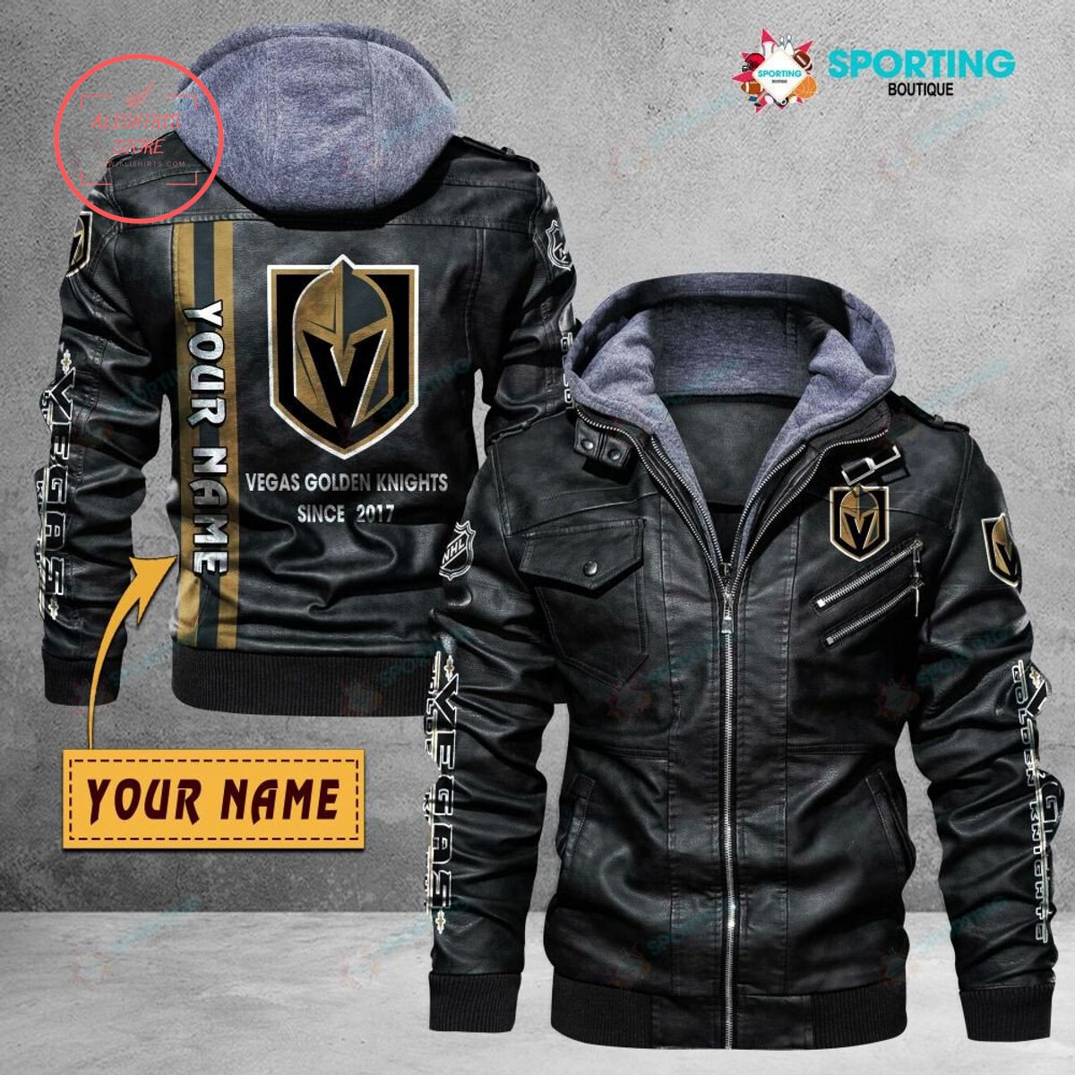 NHL Vegas Golden Knights Logo Custom name Leather Jacket Hooded Fleece For Fan