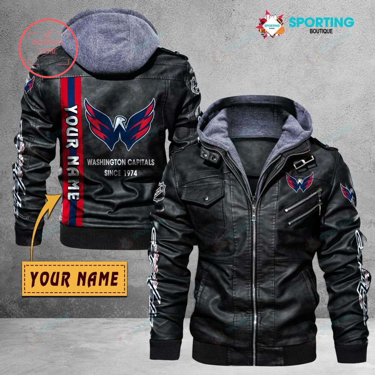 NHL Washington Capitals Logo Custom name Leather Jacket Hooded Fleece For Fan