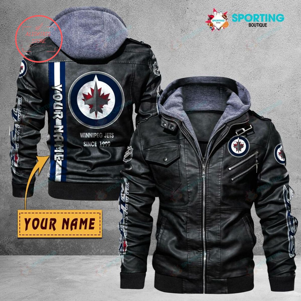 NHL Winnipeg Jets Logo Custom name Leather Jacket Hooded Fleece For Fan