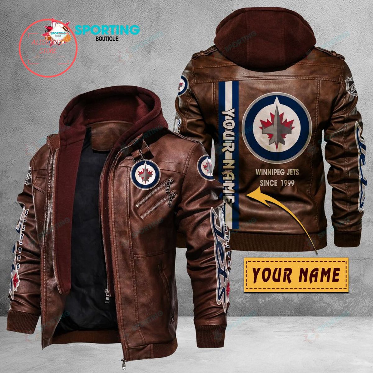 NHL Winnipeg Jets Logo Custom name Leather Jacket Hooded Fleece For Fan