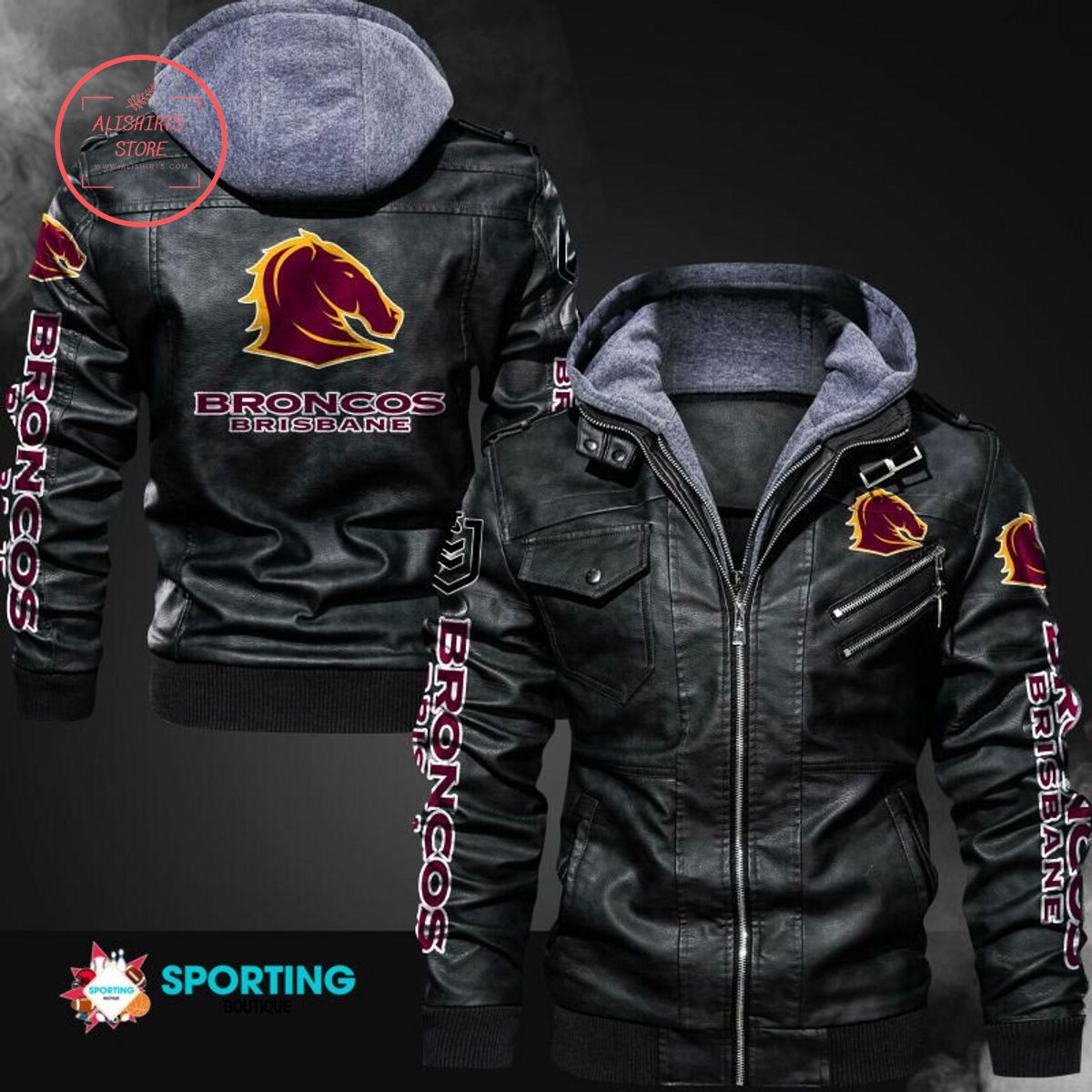 NRL Brisbane Broncos Logo Leather Jacket Hooded Fleece For Fan