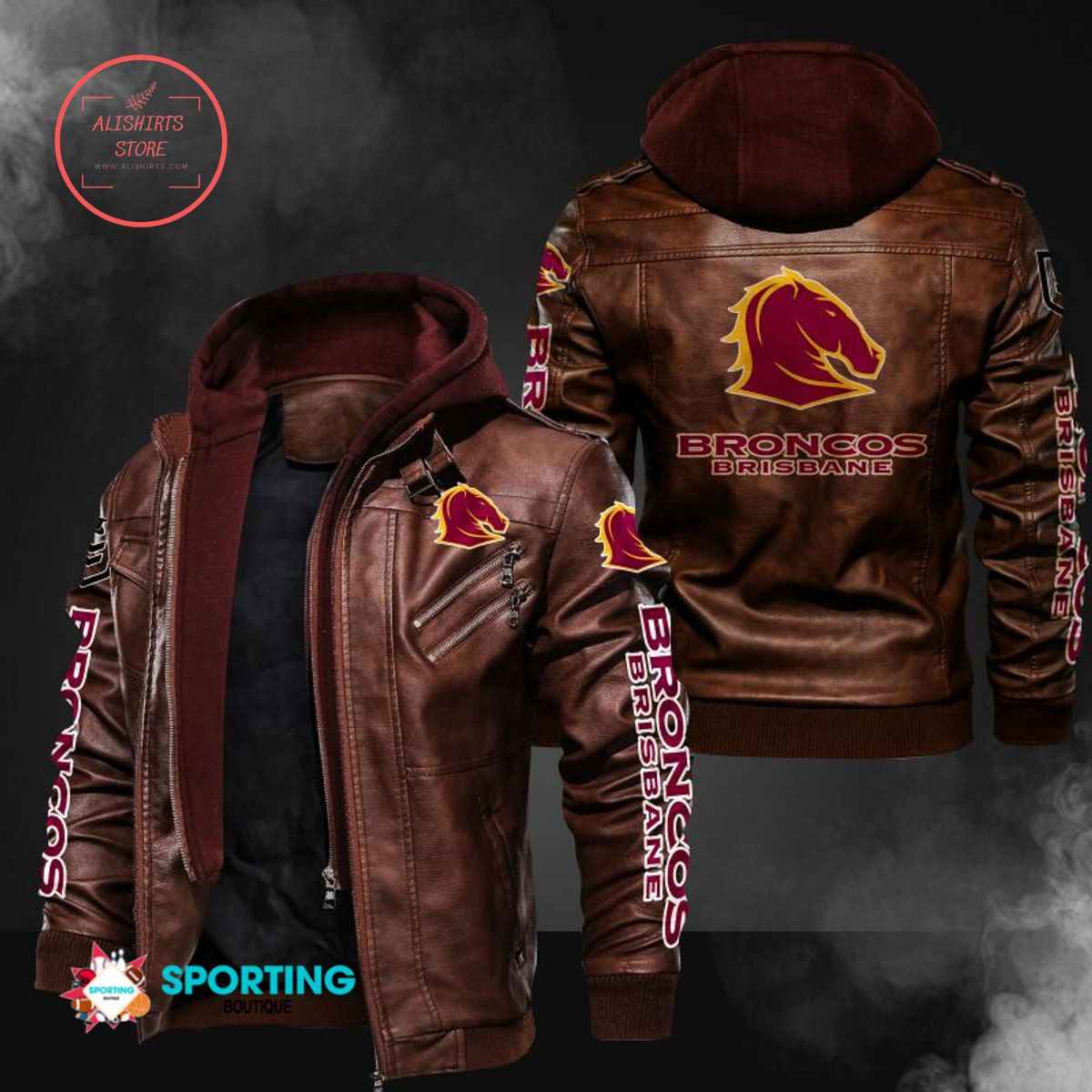 NRL Brisbane Broncos Logo Leather Jacket Hooded Fleece For Fan