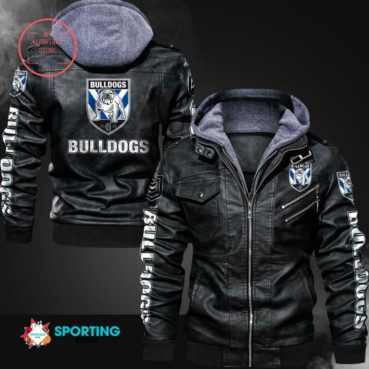 NRL Canterbury Bankstown Bulldogs Logo Leather Jacket Hooded Fleece For Fan