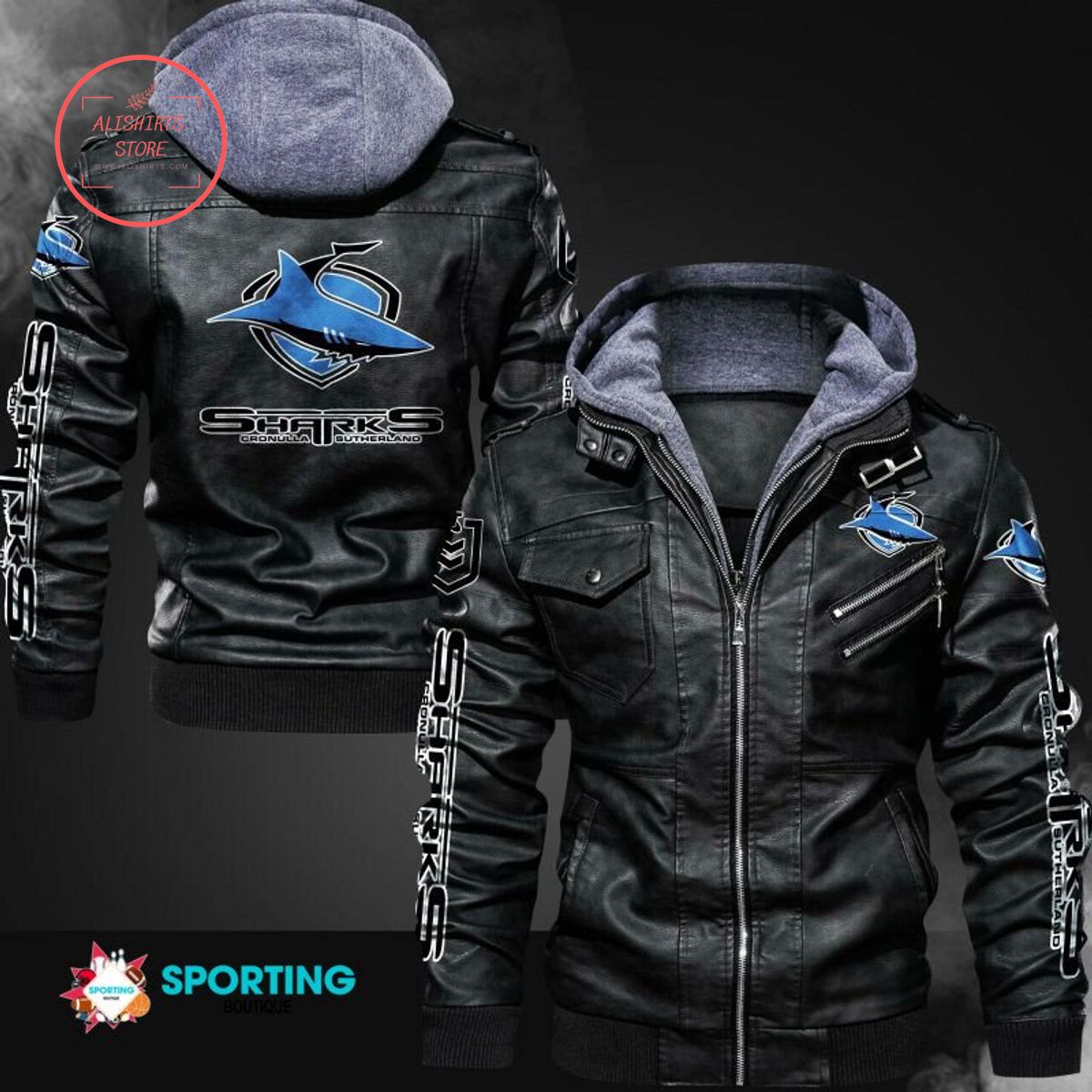 NRL Cronulla Sharks Logo Leather Jacket Hooded Fleece For Fan