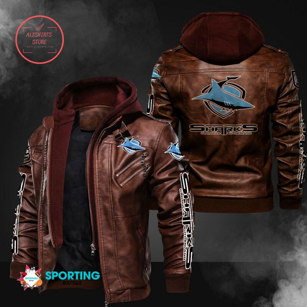 NRL Cronulla Sharks Logo Leather Jacket Hooded Fleece For Fan