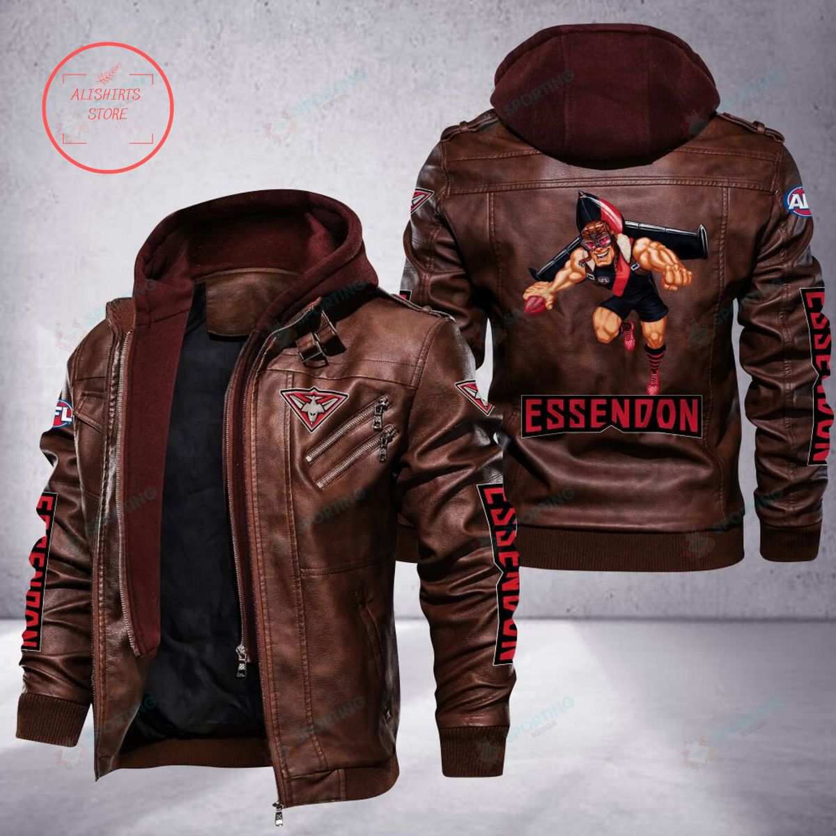 NRL Essendon Football Club Mascot Leather Jacket Hooded Fleece For Fan