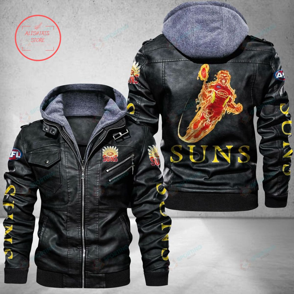 NRL Gold Coast Suns Mascot Leather Jacket Hooded Fleece For Fan