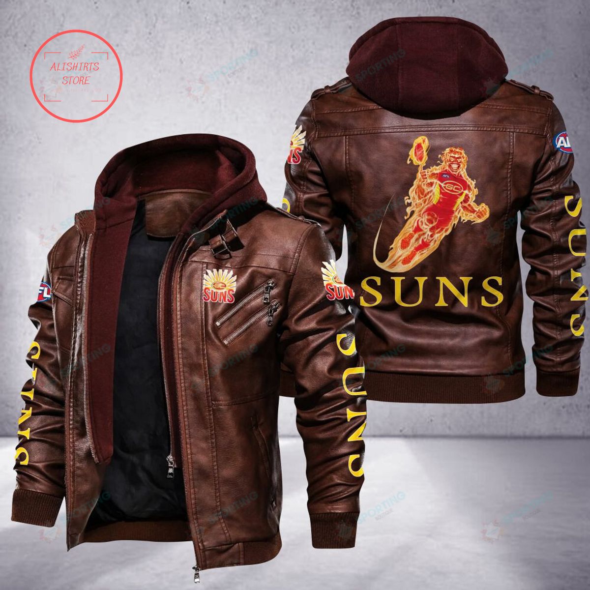 NRL Gold Coast Suns Mascot Leather Jacket Hooded Fleece For Fan