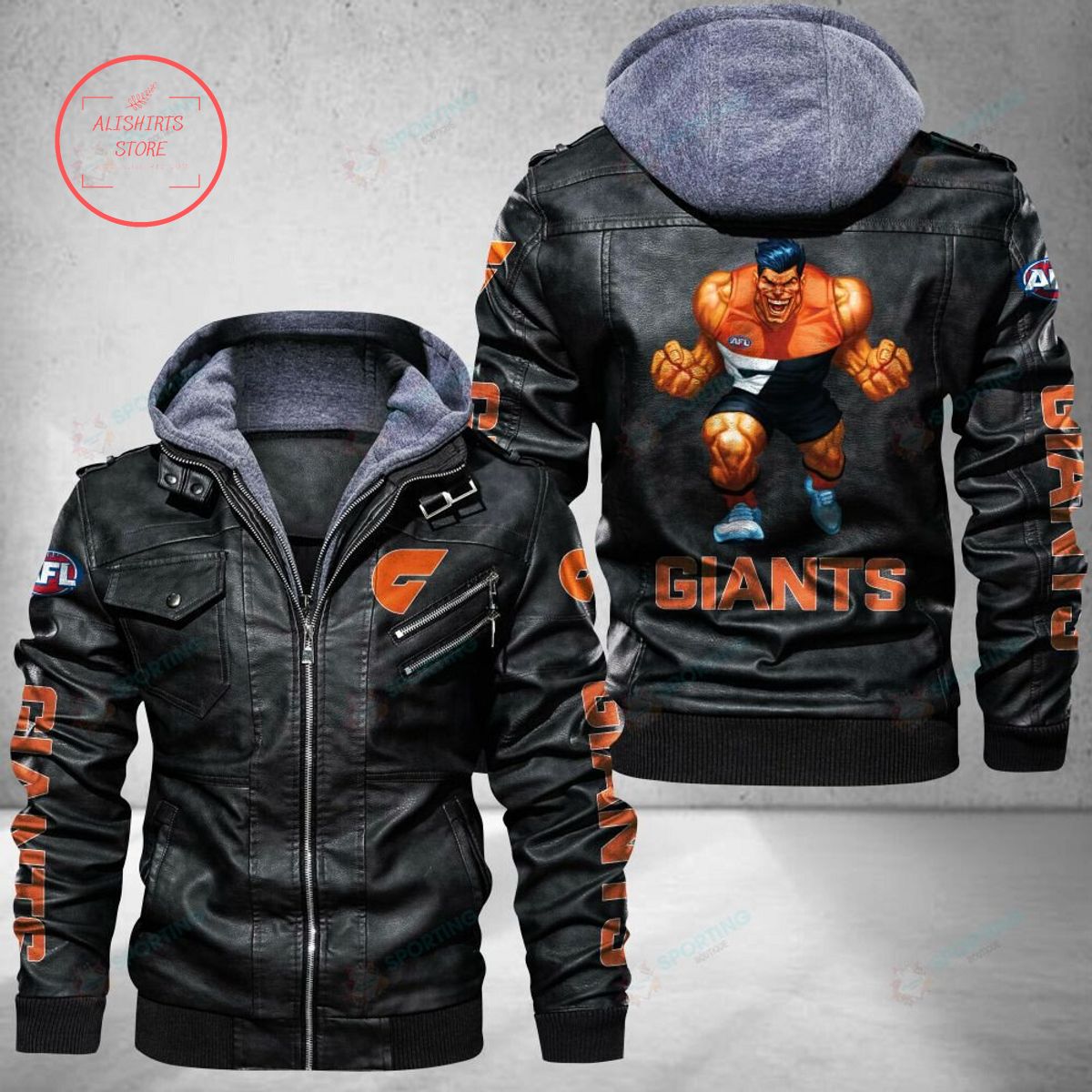 NRL Greater Western Sydney Giants Mascot Leather Jacket Hooded Fleece For Fan