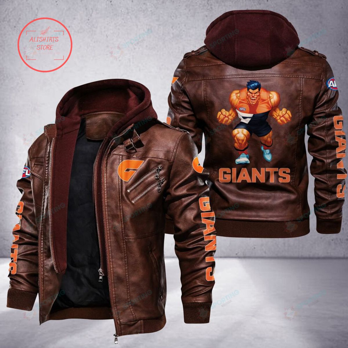 NRL Greater Western Sydney Giants Mascot Leather Jacket Hooded Fleece For Fan