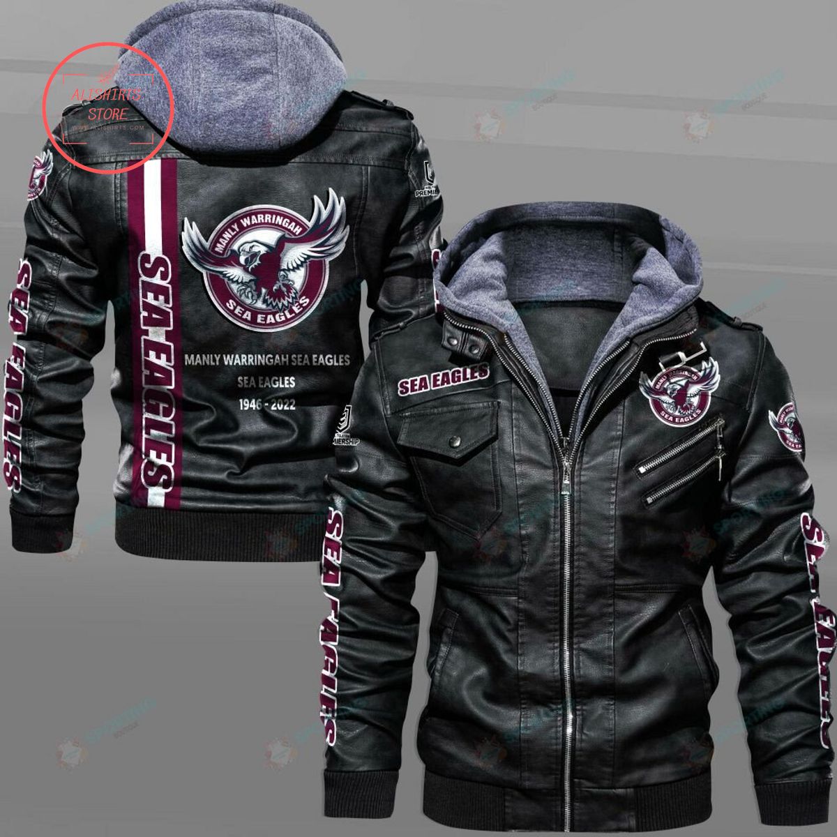 NRL Manly Warringah Sea Eagles Custom name Leather Jacket Hooded Fleece For Fan