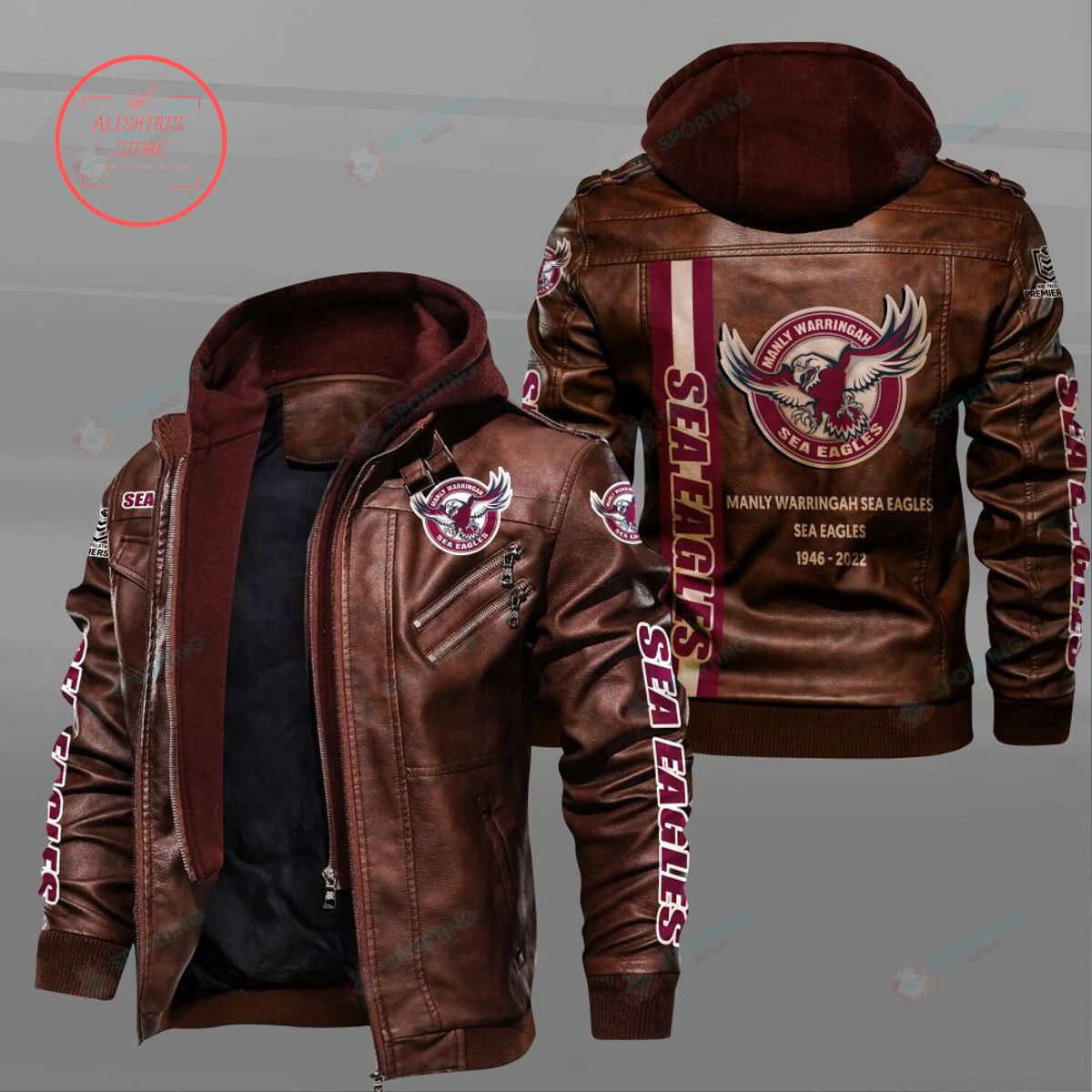 NRL Manly Warringah Sea Eagles Custom name Leather Jacket Hooded Fleece For Fan