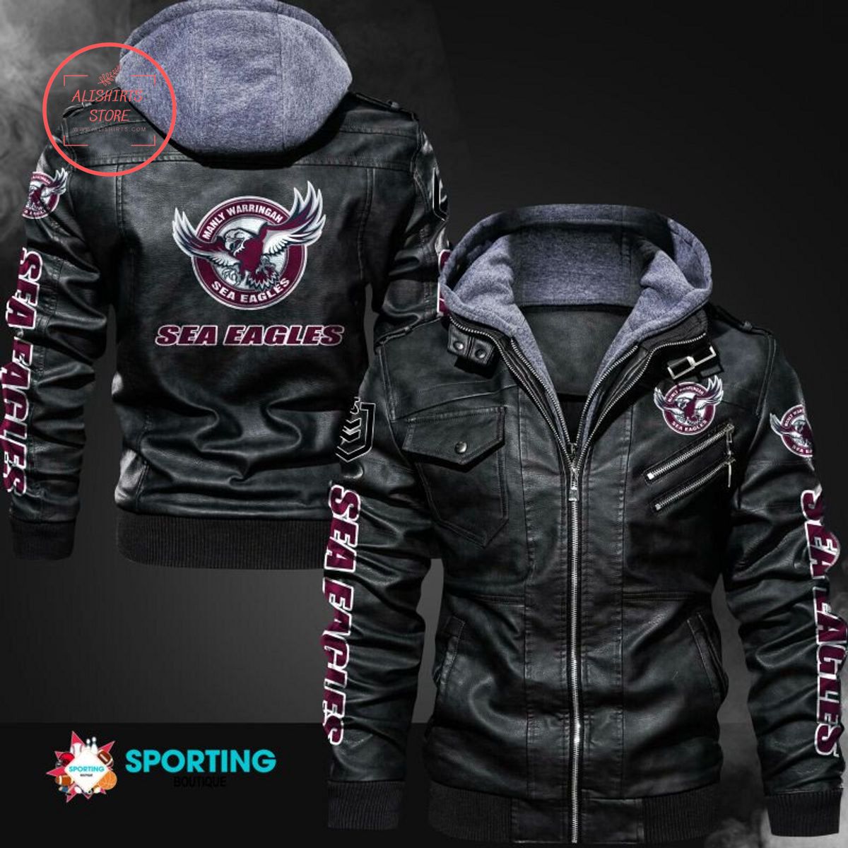 NRL Manly Warringah Sea Eagles Logo Leather Jacket Hooded Fleece For Fan