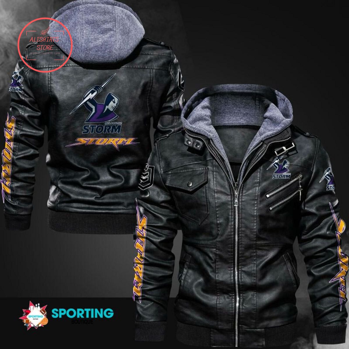 NRL Melbourne Storm Logo Leather Jacket Hooded Fleece For Fan
