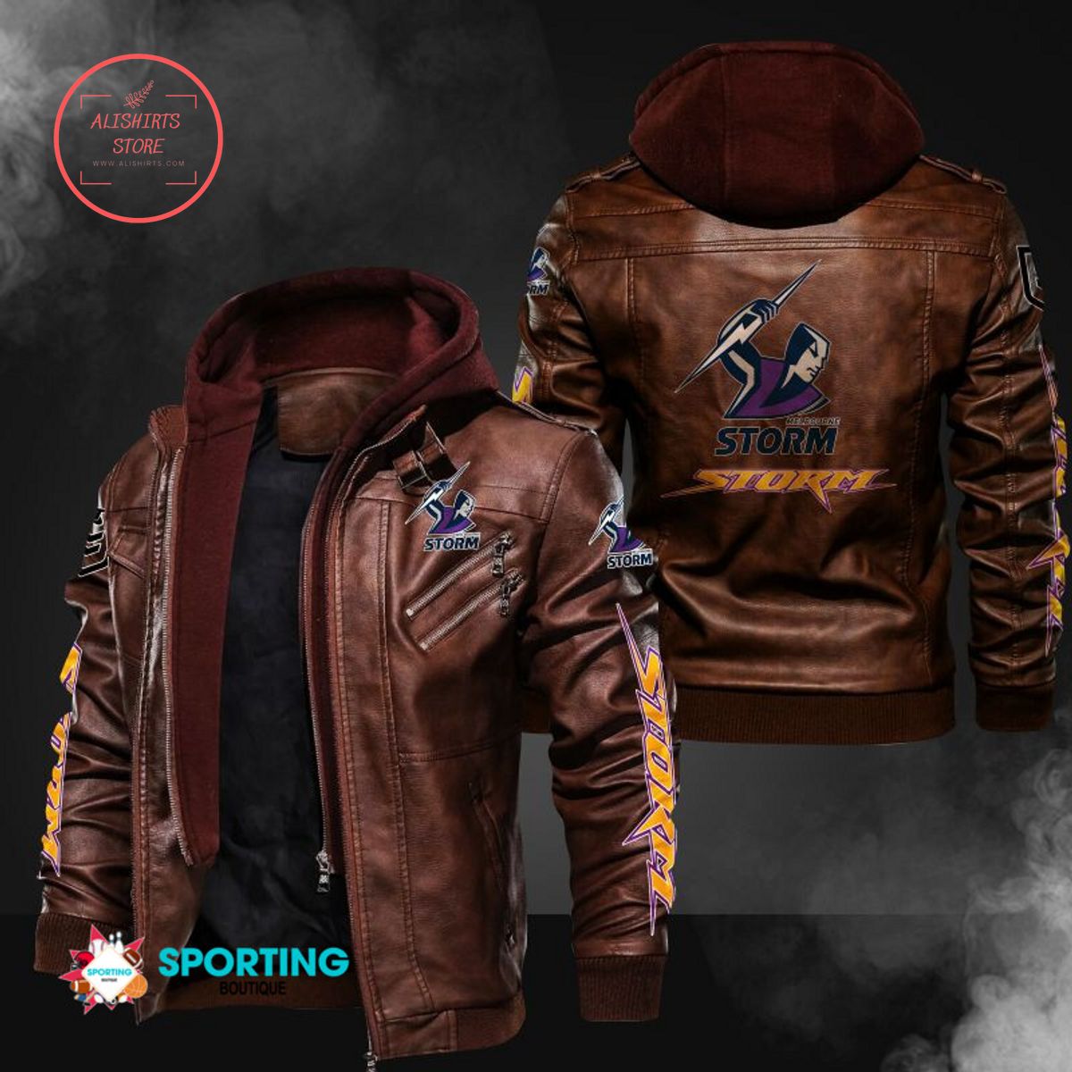 NRL Melbourne Storm Logo Leather Jacket Hooded Fleece For Fan