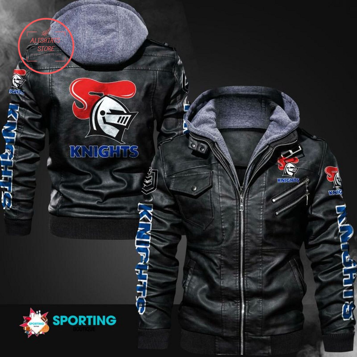 NRL Newcastle Knights Logo Leather Jacket Hooded Fleece For Fan