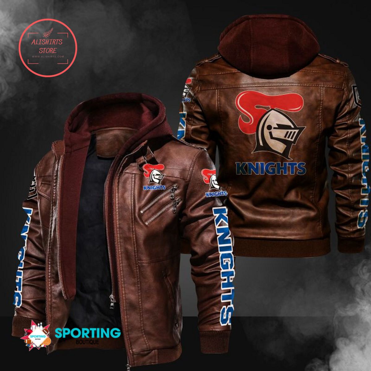 NRL Newcastle Knights Logo Leather Jacket Hooded Fleece For Fan