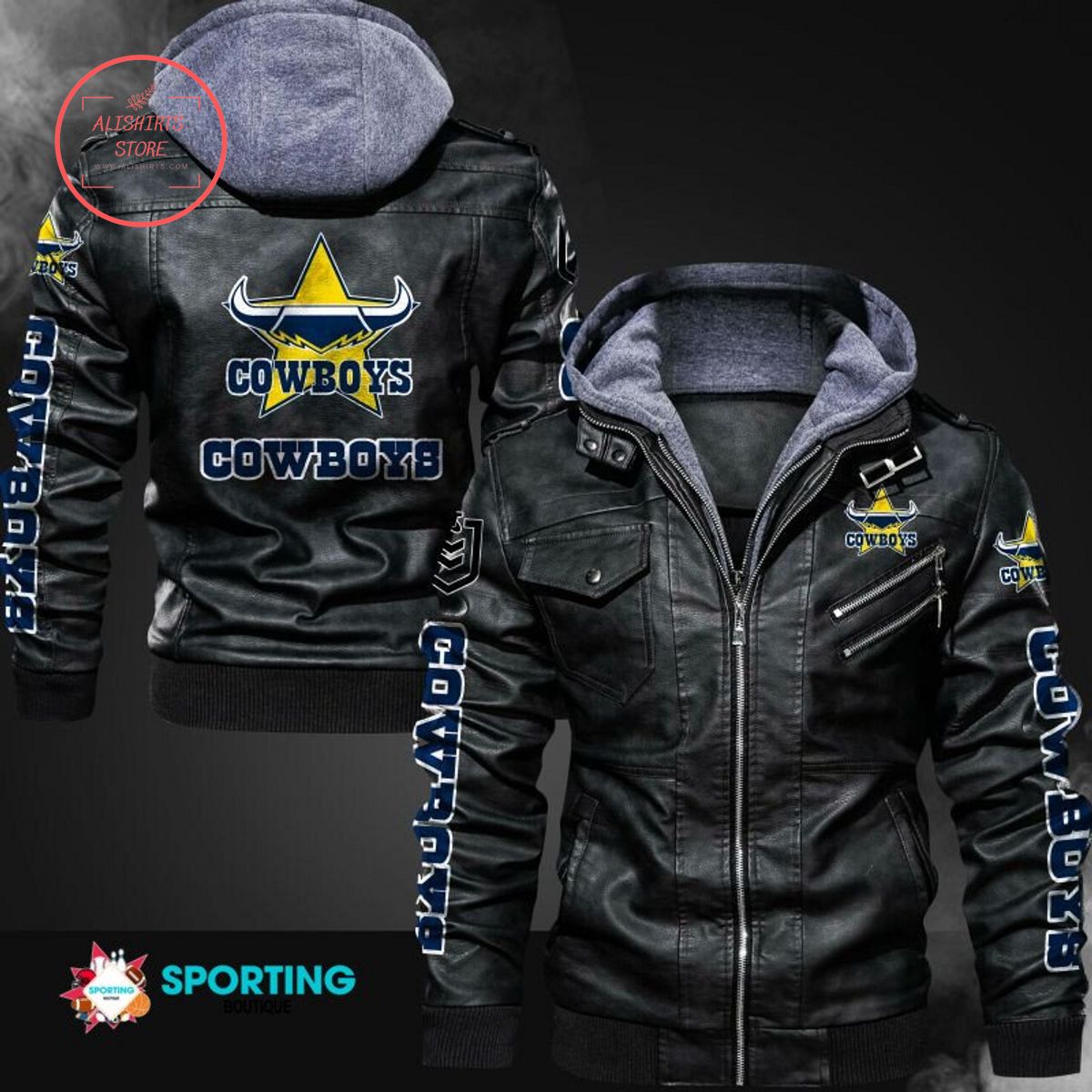 NRL North Queensland Cowboys Logo Leather Jacket Hooded Fleece For Fan