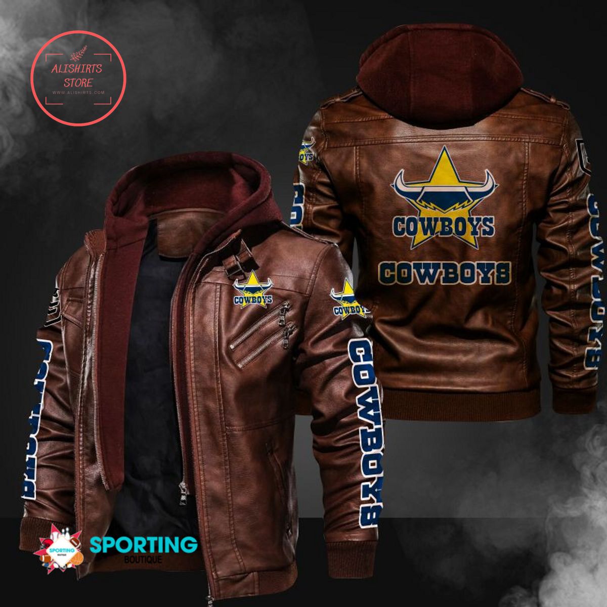 NRL North Queensland Cowboys Logo Leather Jacket Hooded Fleece For Fan
