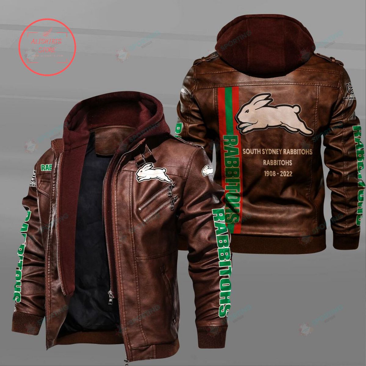 NRL South Sydney Rabbitohs Custom name Leather Jacket Hooded Fleece For Fan