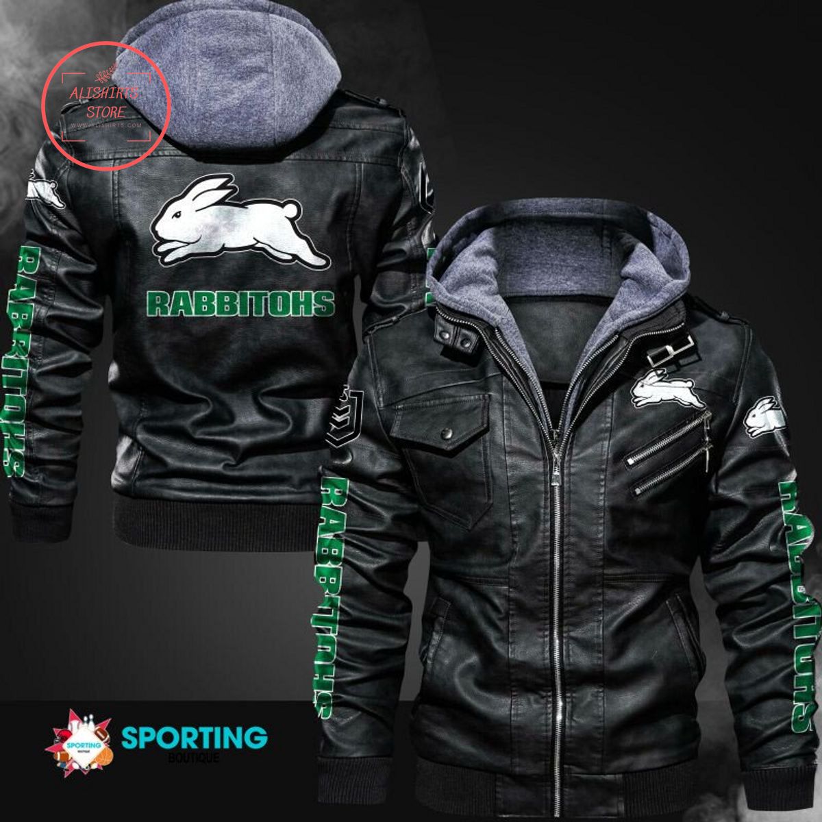 NRL South Sydney Rabbitohs Logo Leather Jacket Hooded Fleece For Fan