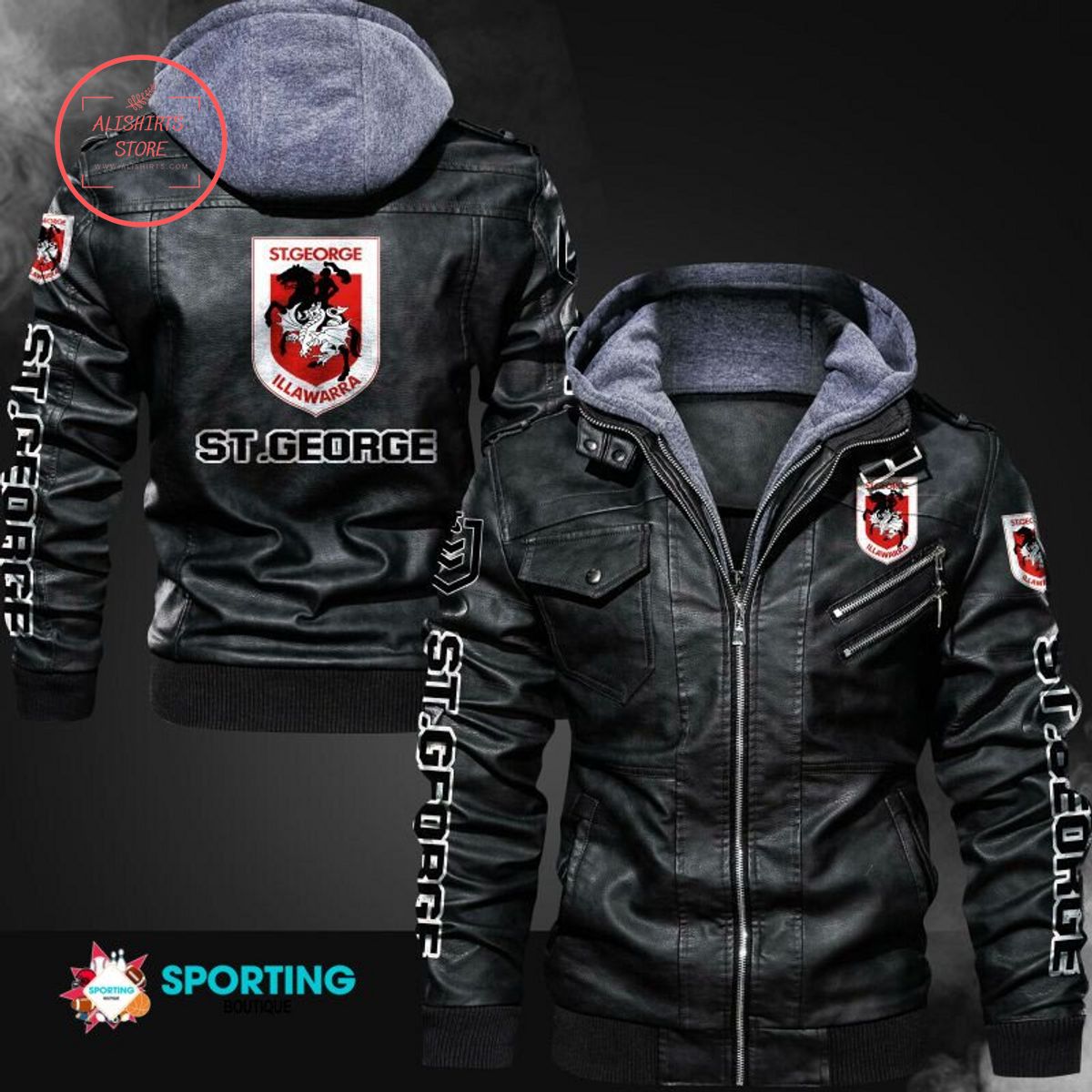 NRL St. George Illawarra Dragons Logo Leather Jacket Hooded Fleece For Fan