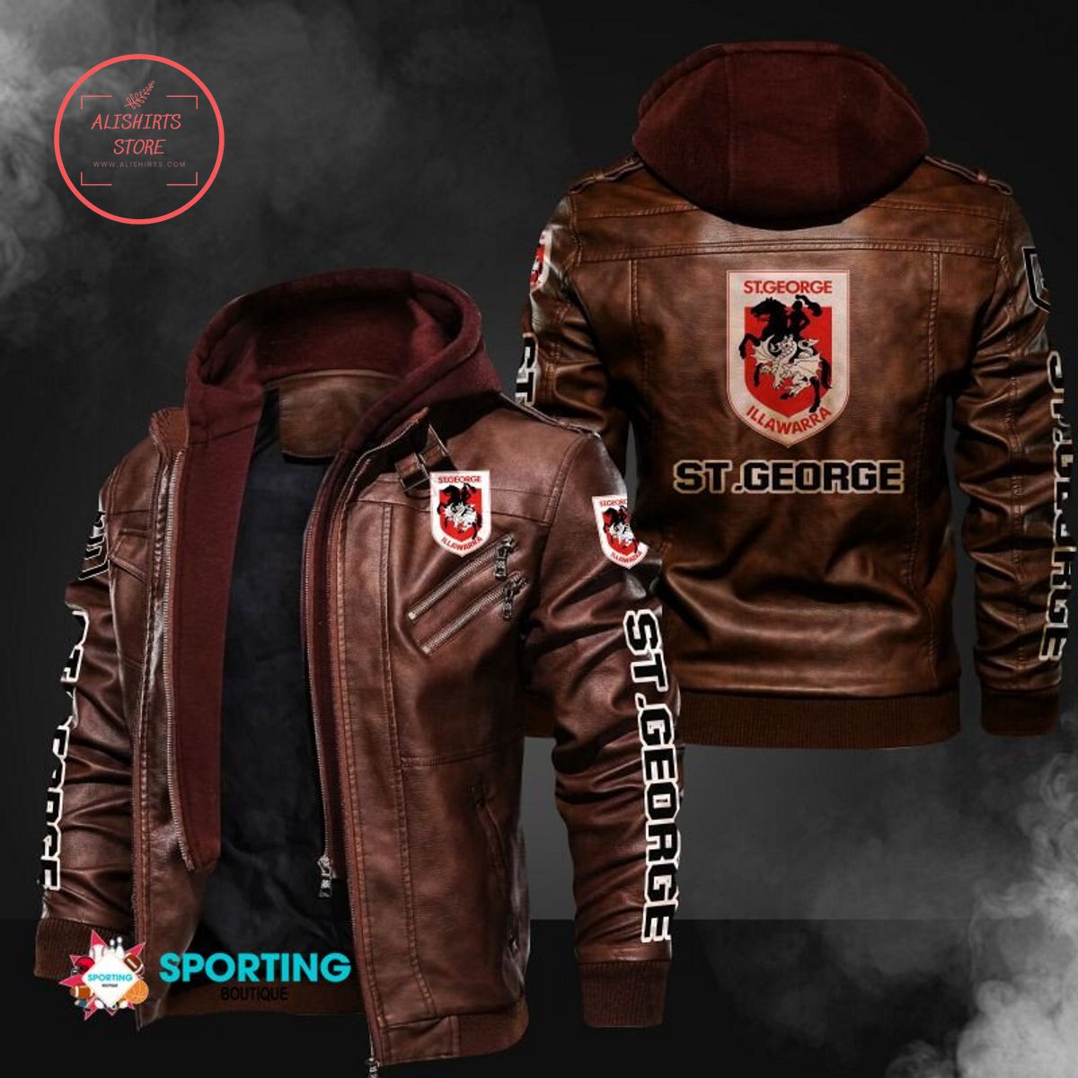NRL St. George Illawarra Dragons Logo Leather Jacket Hooded Fleece For Fan