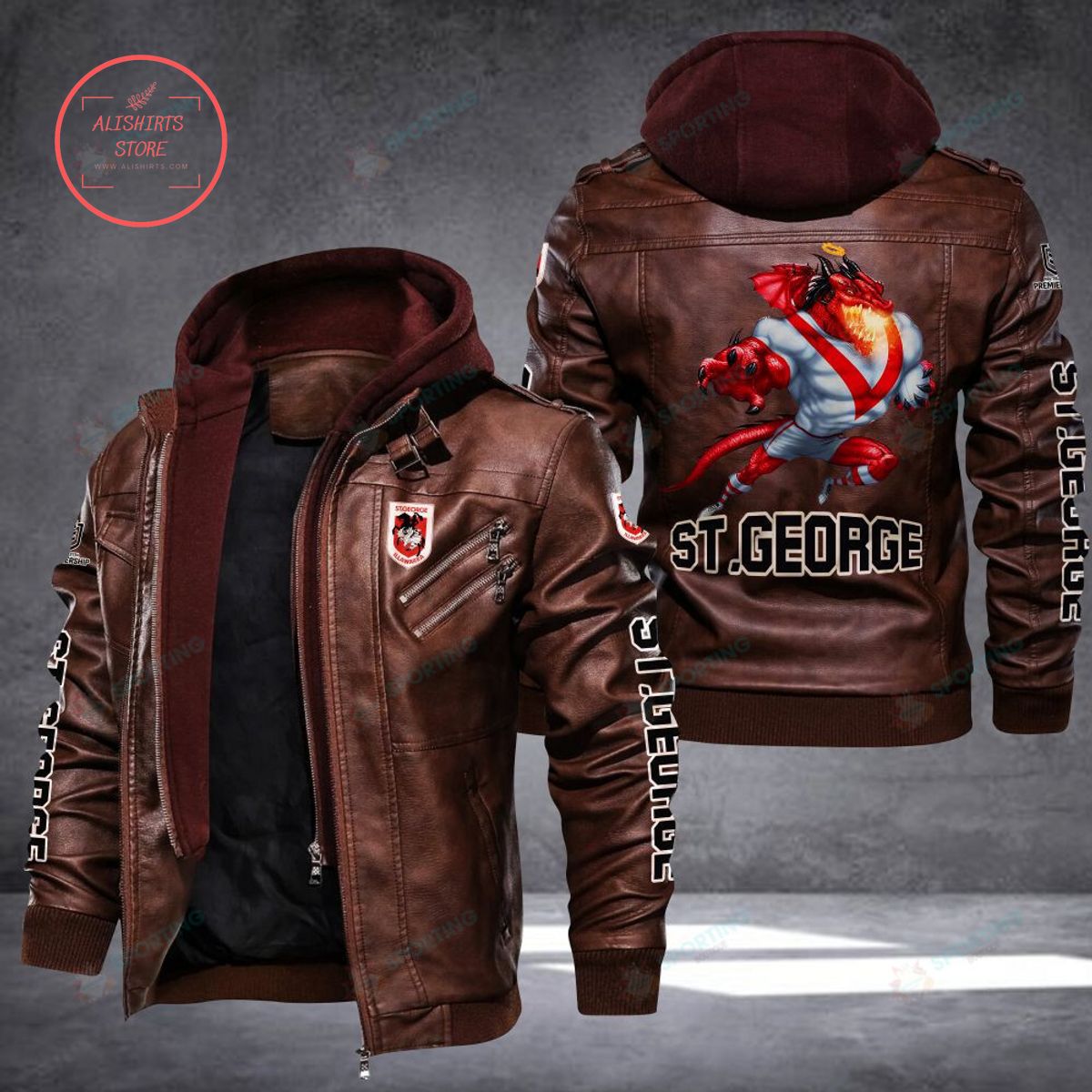NRL St. George Illawarra Dragons Mascot Leather Jacket Hooded Fleece For Fan